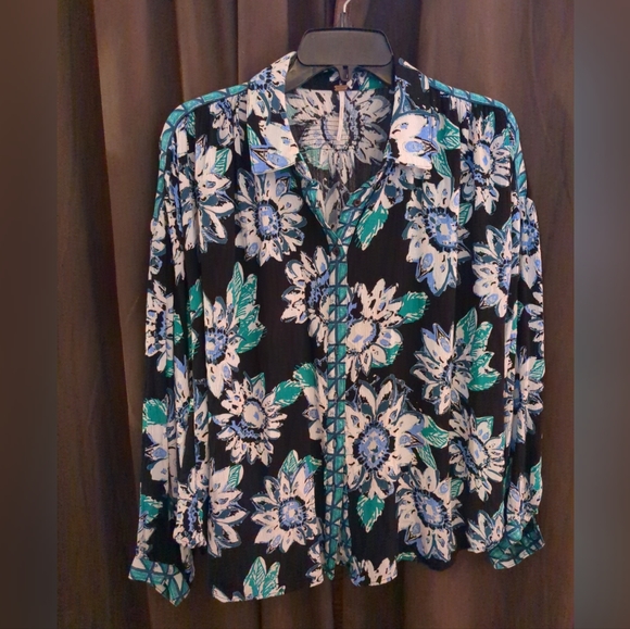 FREE PEOPLE Good Vibrations Printed Blouse Floral Black Green - Picture 4 of 7